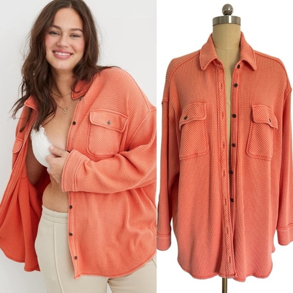 aerie Tops - Aerie LumberJane Waffle Button Shirt Cotton blend Orange outdoorsy lounge S P